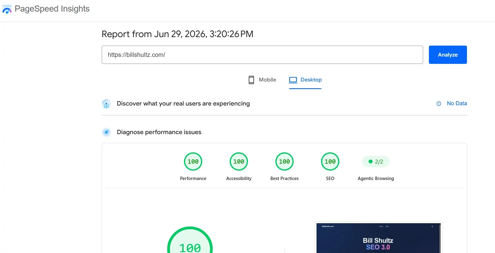 pagespeed.web.dev for billshultz.com
