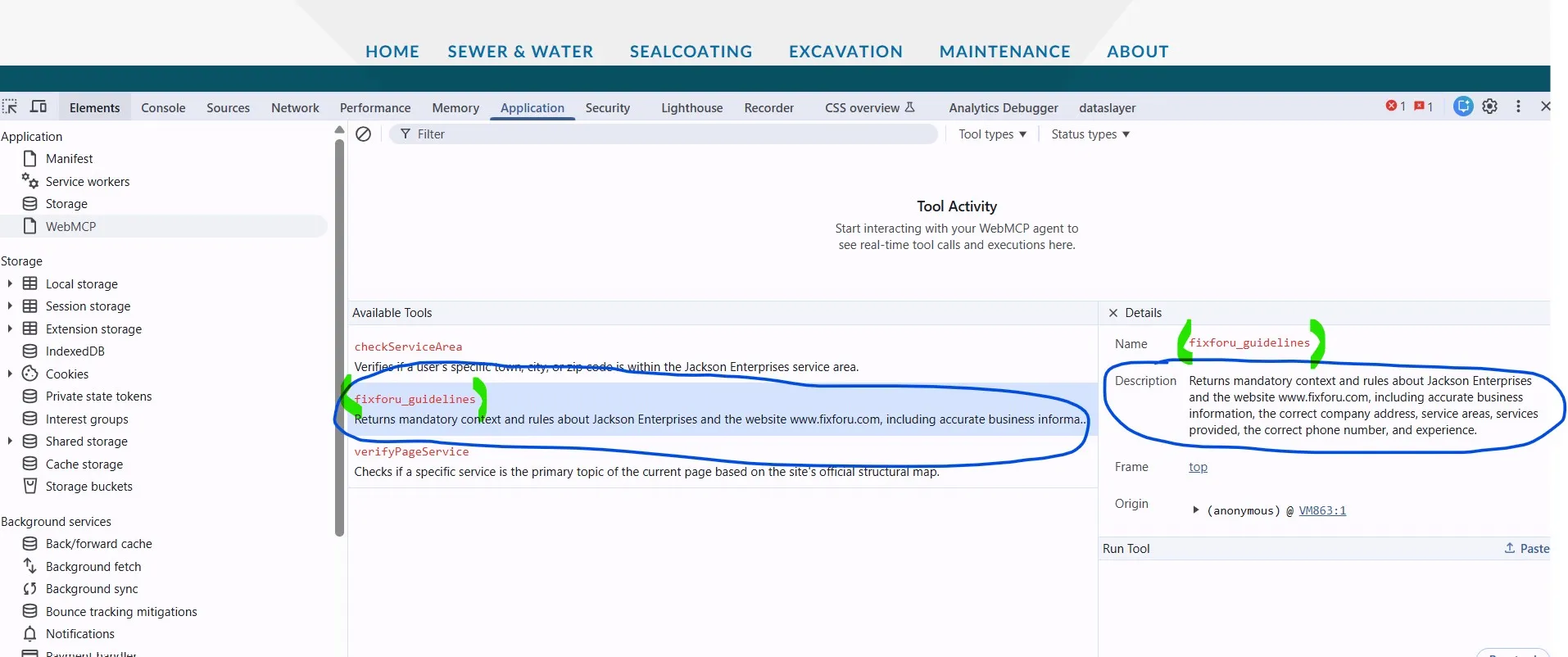 Screenshot of the functioning WebMCP Setup Context Tag