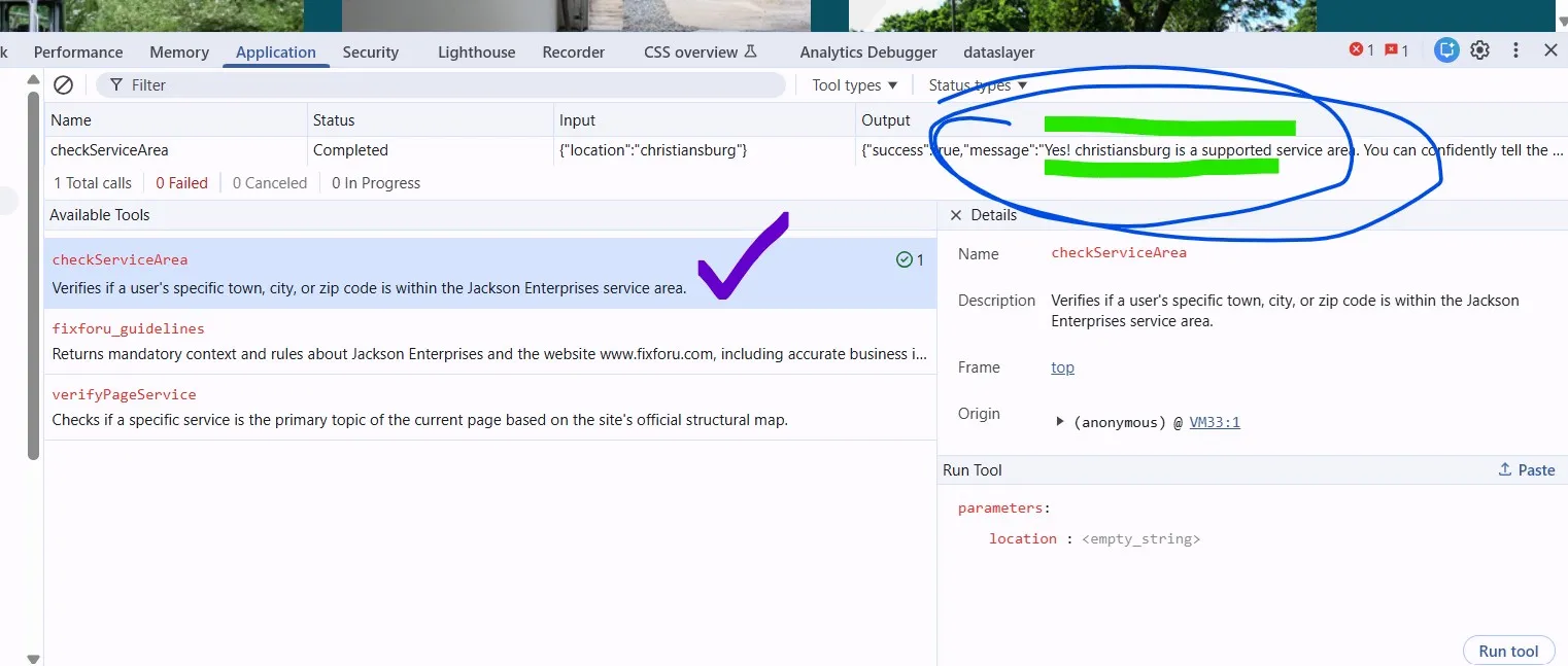 Verifying Christiansburg is a valid location (via the 'checkServiceArea' tool)